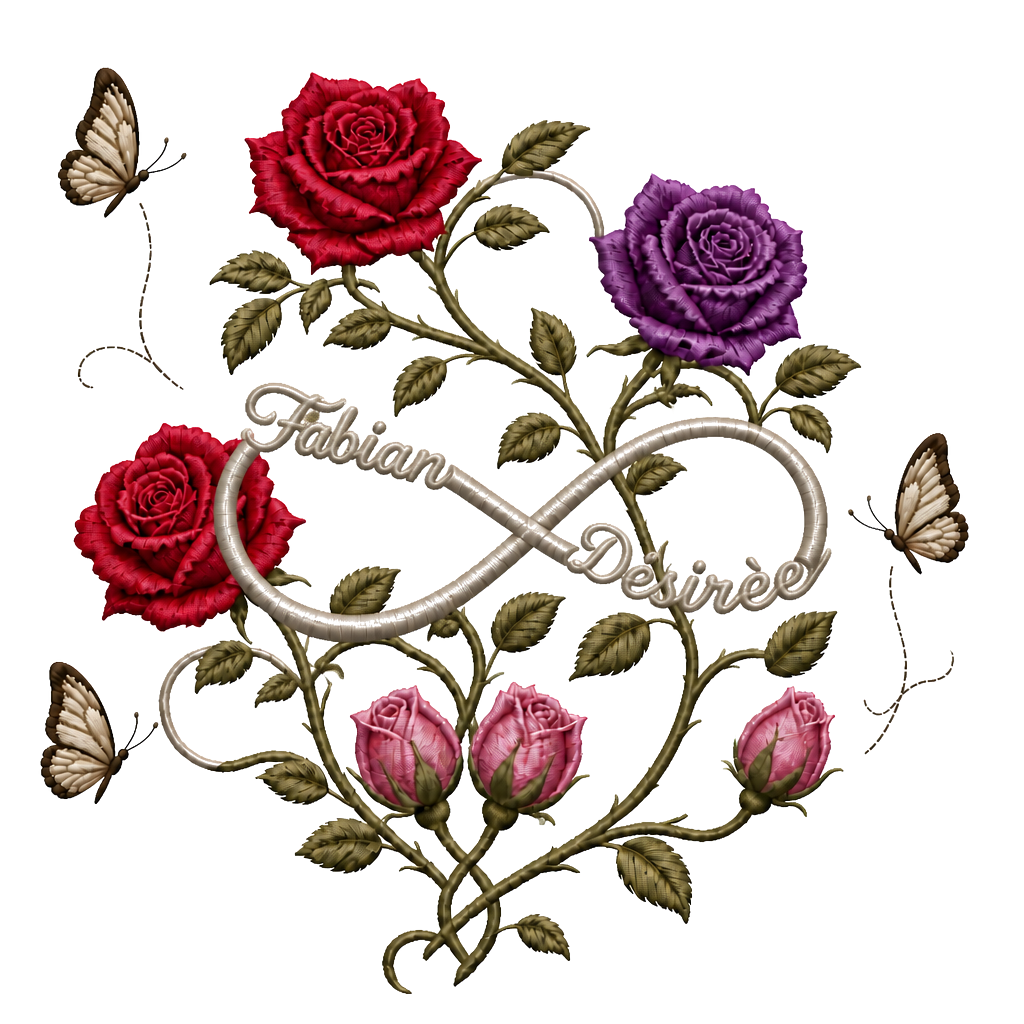 Buchstaben F und D ineinandergeschlungen. Mit 3 offenen Rosen (Bryan, Amy,Lucas) und 2 zusammenverbundene geschlossene Rosen ( (13.10.2011) mit 2 wegfliegenden Schmetterlingen sowie 1 geschlossene Rose (04.11.2010) mit 1 wegfliegenden Schmetterling. Es soll alles miteinander verbunden sein