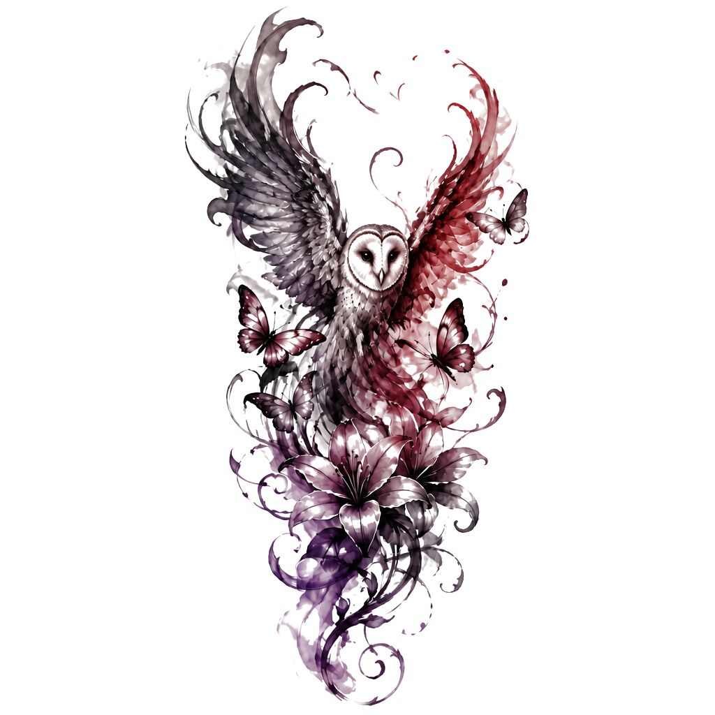 Dark elegant shoulder tattoo: add a large ink-smoke phoenix in black & smoky gray. Smoke-style butterflies + delicate smoky lilies/vines integrated throughout. Flowing organic wrap-around design on shoulder/upper arm. Mood: mysterious, powerful, shadowy, ethereal—dark vibes only, monochrome ink wash aesthetic.i like blue and red and purple idk
