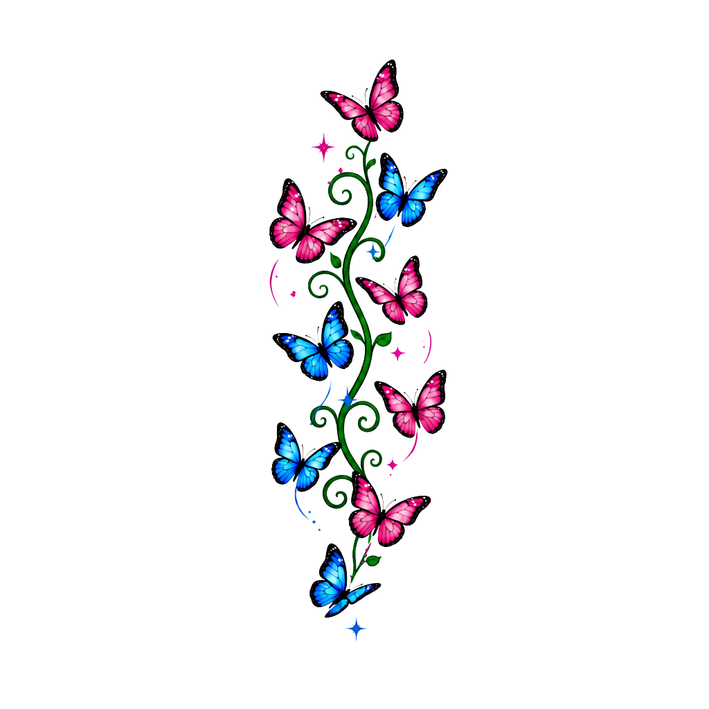 Draw me a tattoo with nine small butterflies, and five of them being pink and four of them being blue. These will need to go small because they are going on a females upper arm.