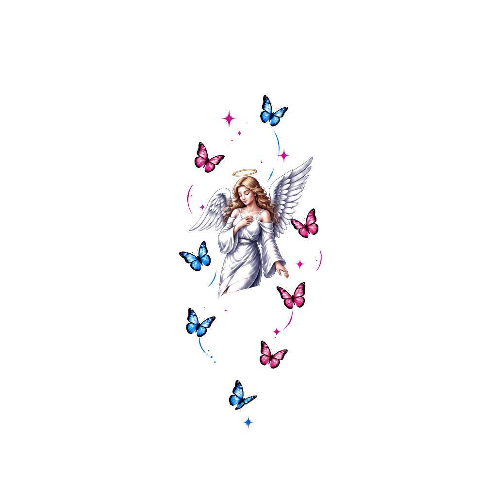 Draw me a tattoo with nine small butterflies, and five of them being pink and four of them being blue. These will need to go small because they are going on a females upper arm.