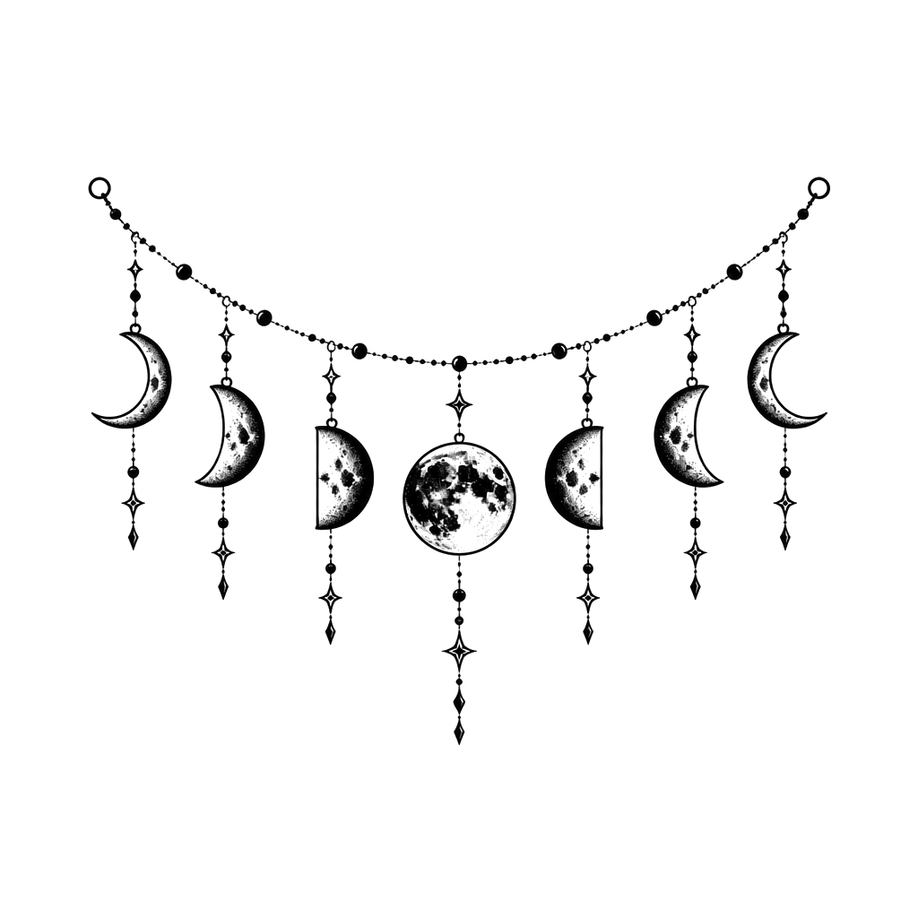 Moon phases strung on a delicate beaded chain