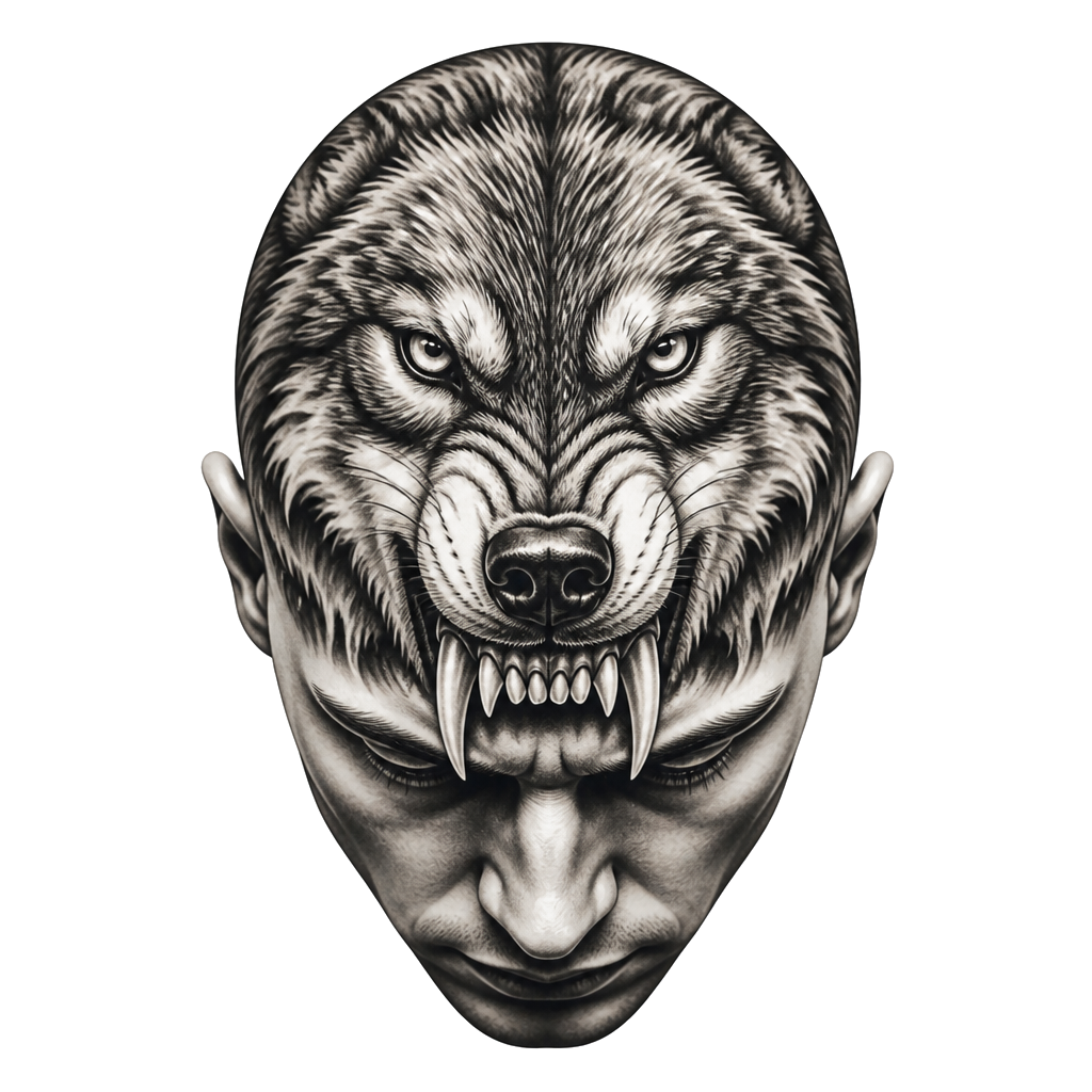 Wolf tattoo on entire scalp, with teeth hanging over forehead, black work ink