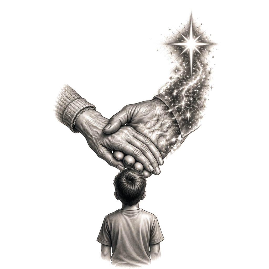 A boy beneath his grandparents’ joined hands, one hand fading into a guiding star, symbolizing their enduring belief and his grandfather’s heroic presence.