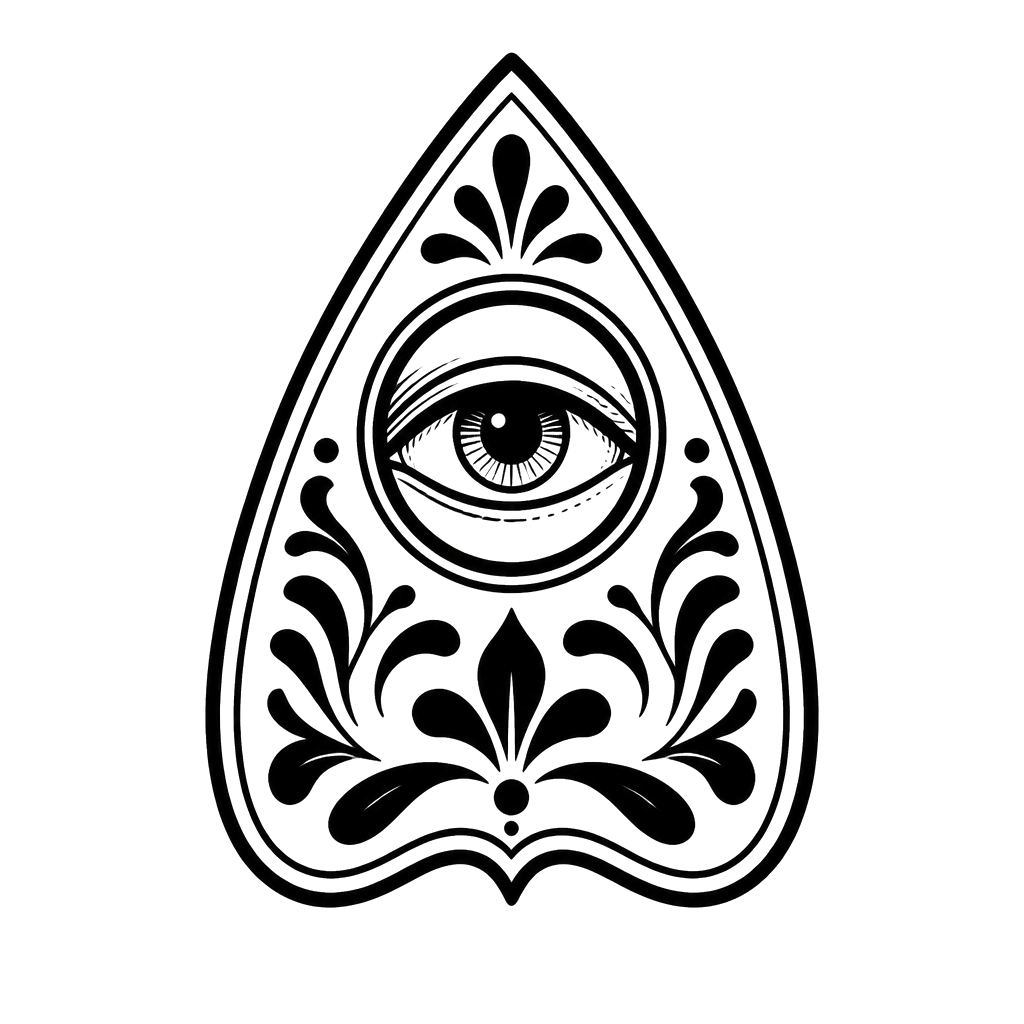 A spirit-board planchette with an eye in its window