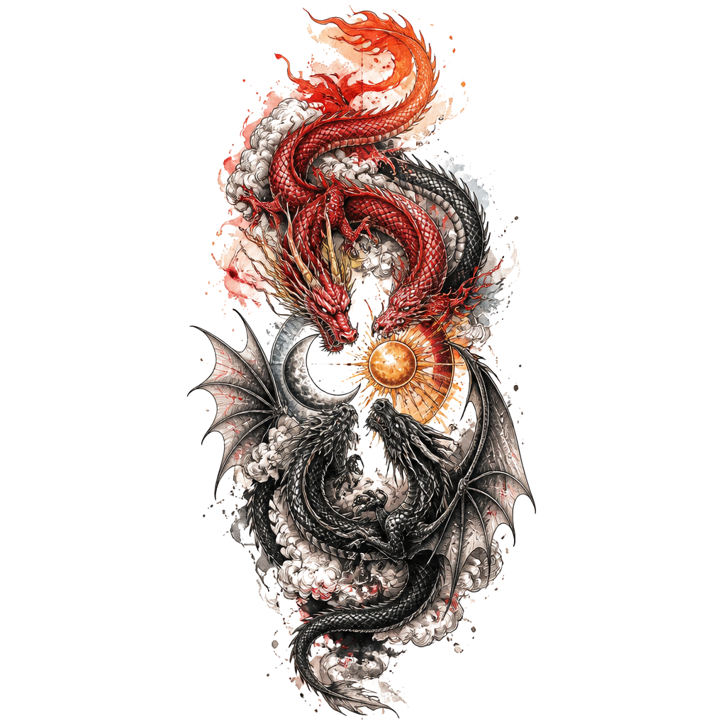 Un dragon rouge avec la queue en flamme et un dragon noir plus sombre avec des ailes. Il faut qu’il soit placé tous les deux à l’envers comme le ying et le yang et qu’ils s’entremêlent, avec au milieu des deux dragons une lune et un soleil. Je veux qu’il soit en long et que leurs têtes soit face à face. Je veux qu’il y est de la couleur sur les contours et des ombrages en couleur mais pas colorés entièrement. Le style que j’aimerais est japonais, réaliste, dotwork et sketch et un peu aquarelle s