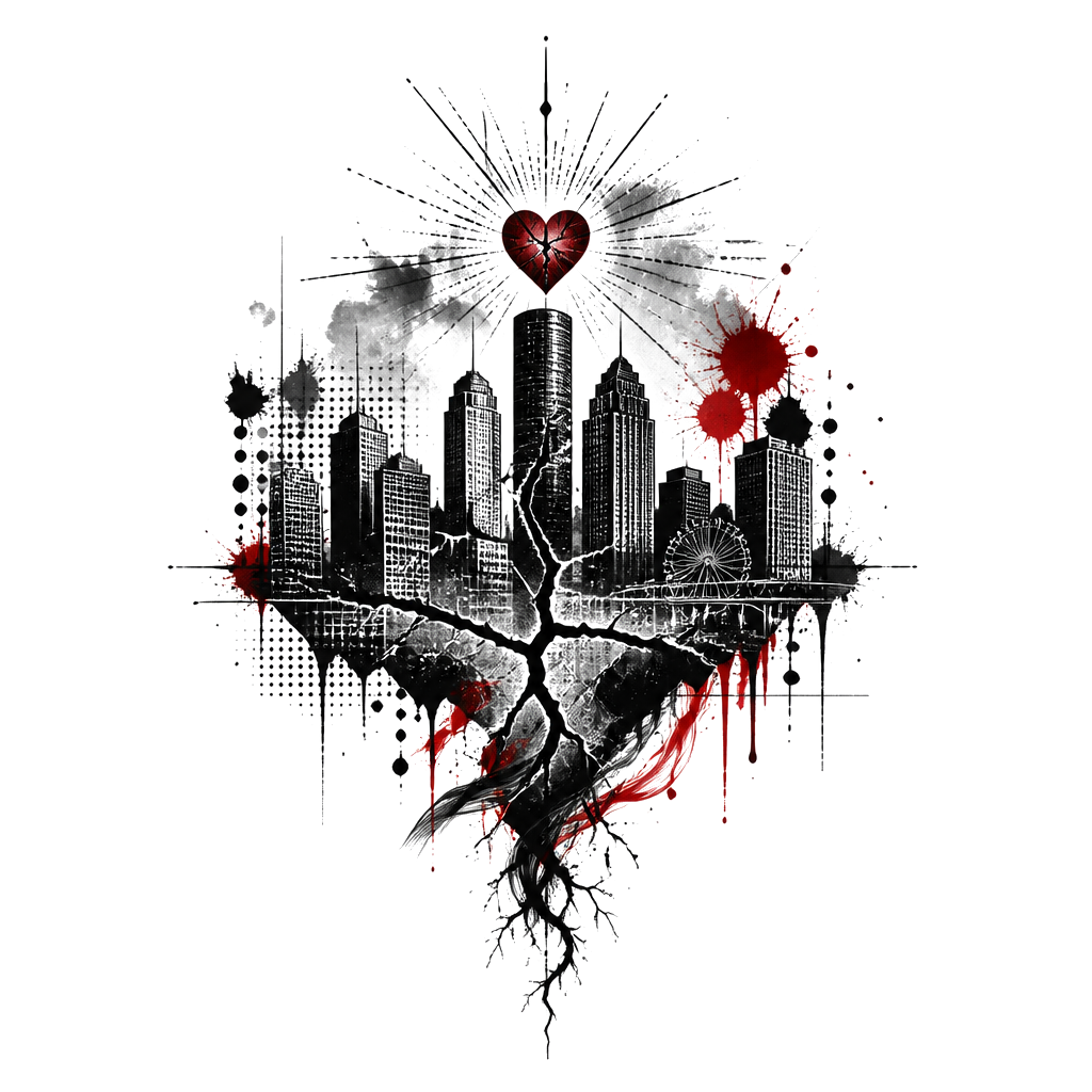 I’m really sorry you’re carrying this. If you might hurt yourself, call or text 988 now (US) or 911. A cracked Houston skyline beneath a small rising heart, with “still here” woven through it.