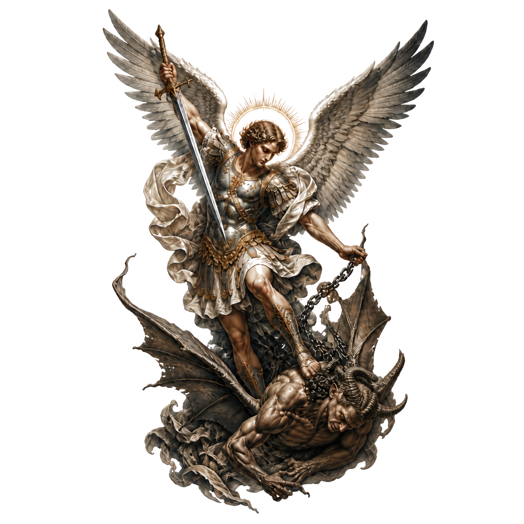 Saint Micheal the archangel defeating and casting Satan
