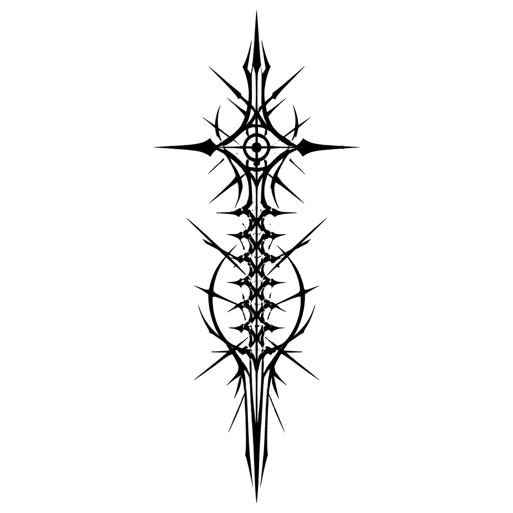 A sigil sword of splintered spikes running down the spine