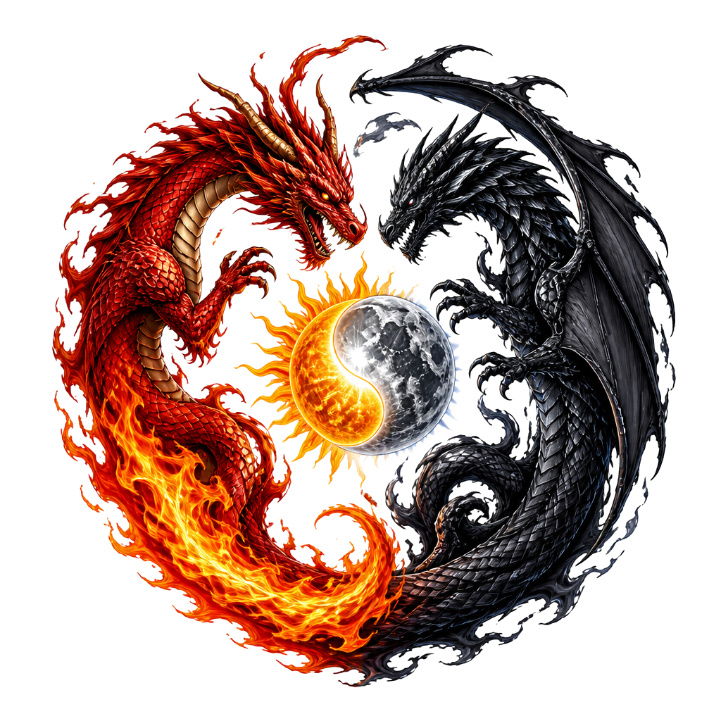Un dragon rouge avec la queue en flamme et un dragon noir un peu différent, placé comme le ying et le yang, avec au milieu des deux dragons une lune et un soleil
