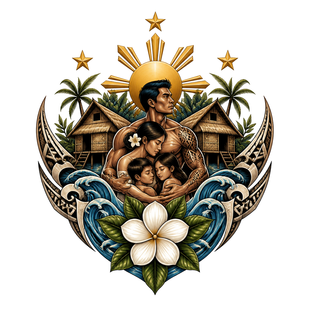 Visayan, made up of strength, love, huts, protection, family, water Phillipines sun and stars and the national flower