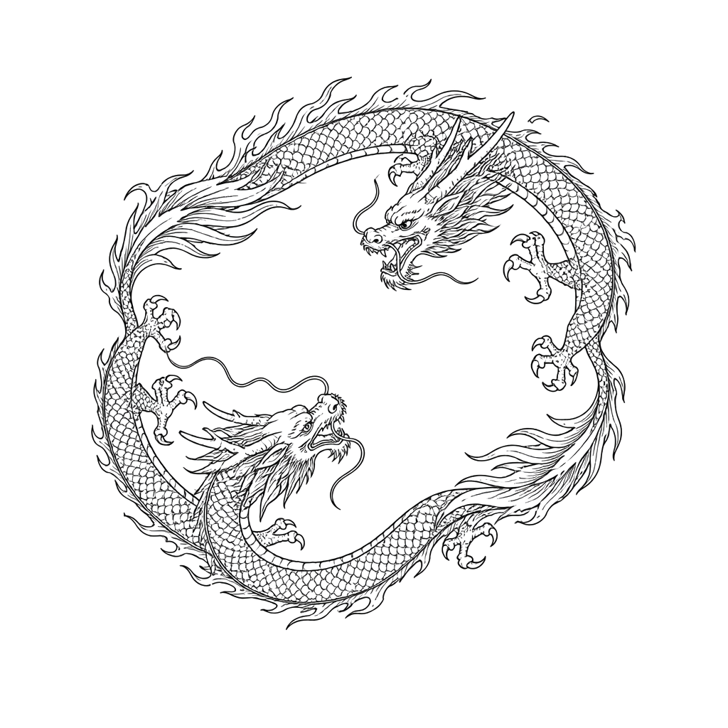 Two dragons chasing each other in a circle