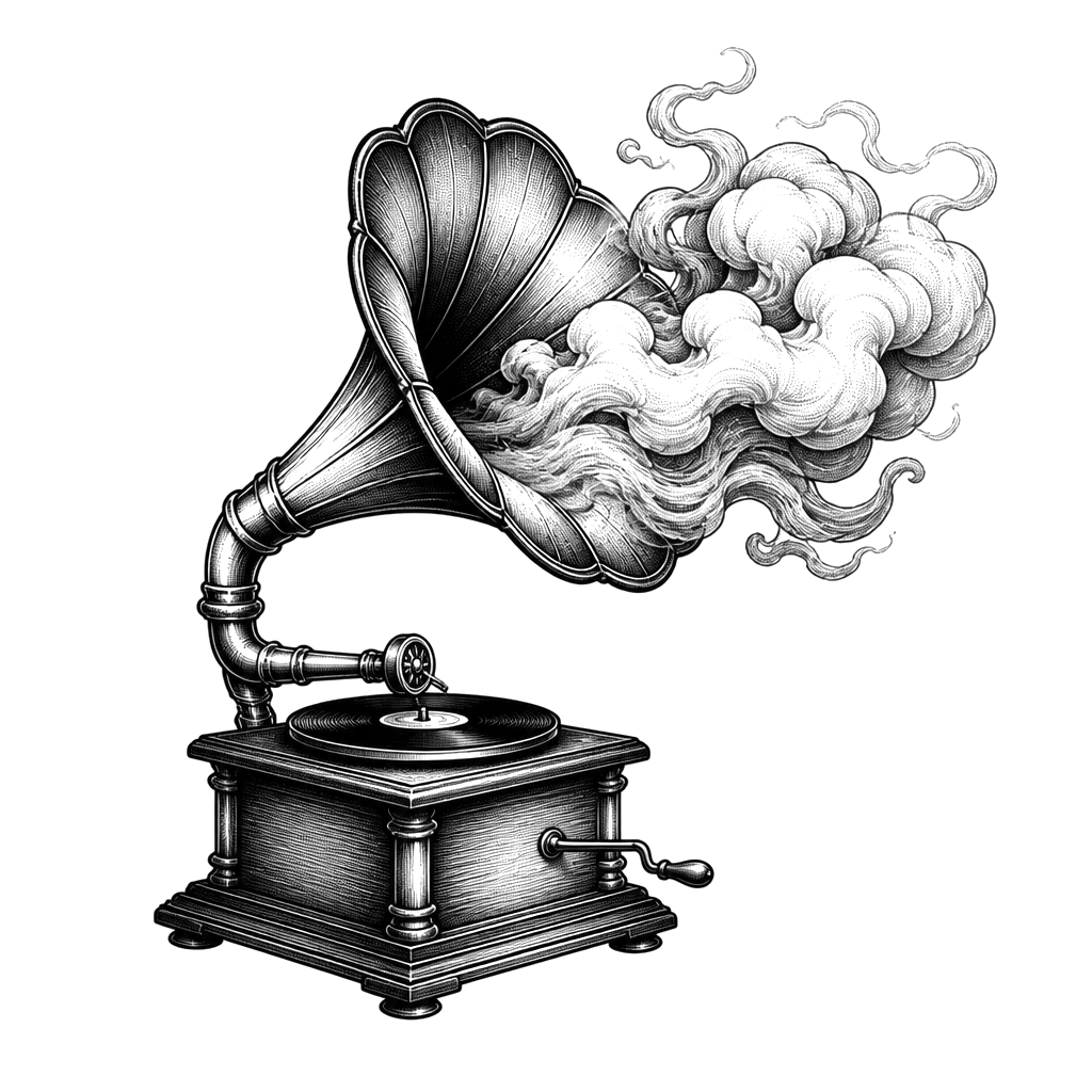 A gramophone horn pouring out fog