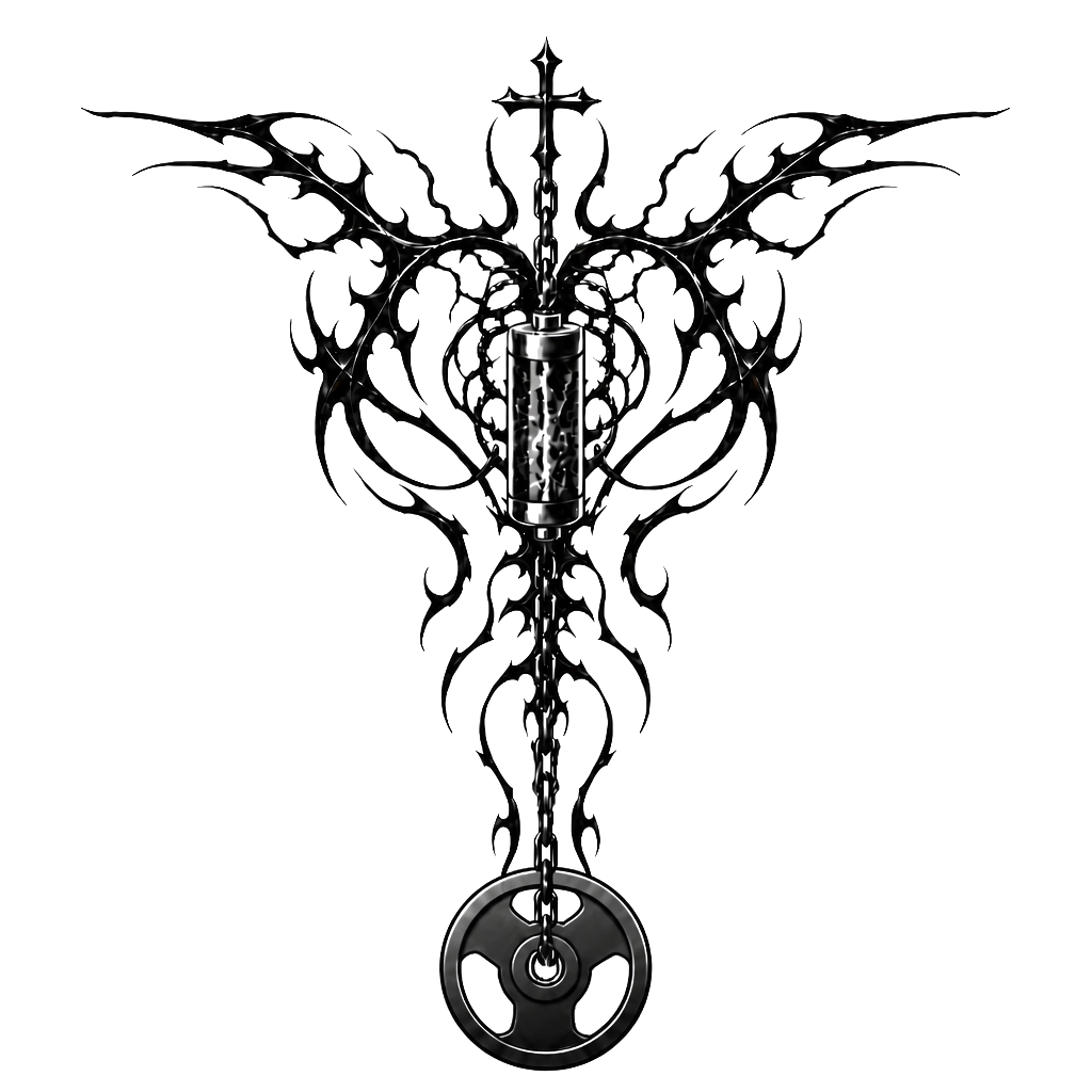Design me a tattoo for my back that goes from shoulder blade to shoulder blade and these down into the spine with a chain hanging, and a battery powering the tattoo