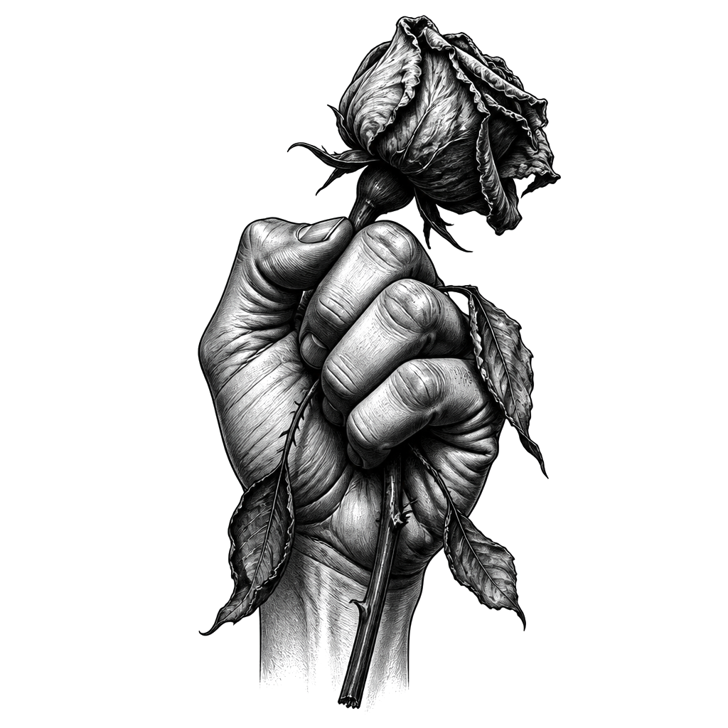 A clenched fist gripping a wilting rose