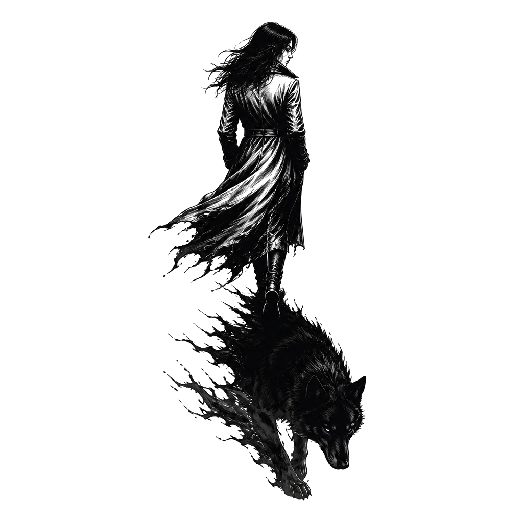 A wolf's shadow trailing a woman in a long coat