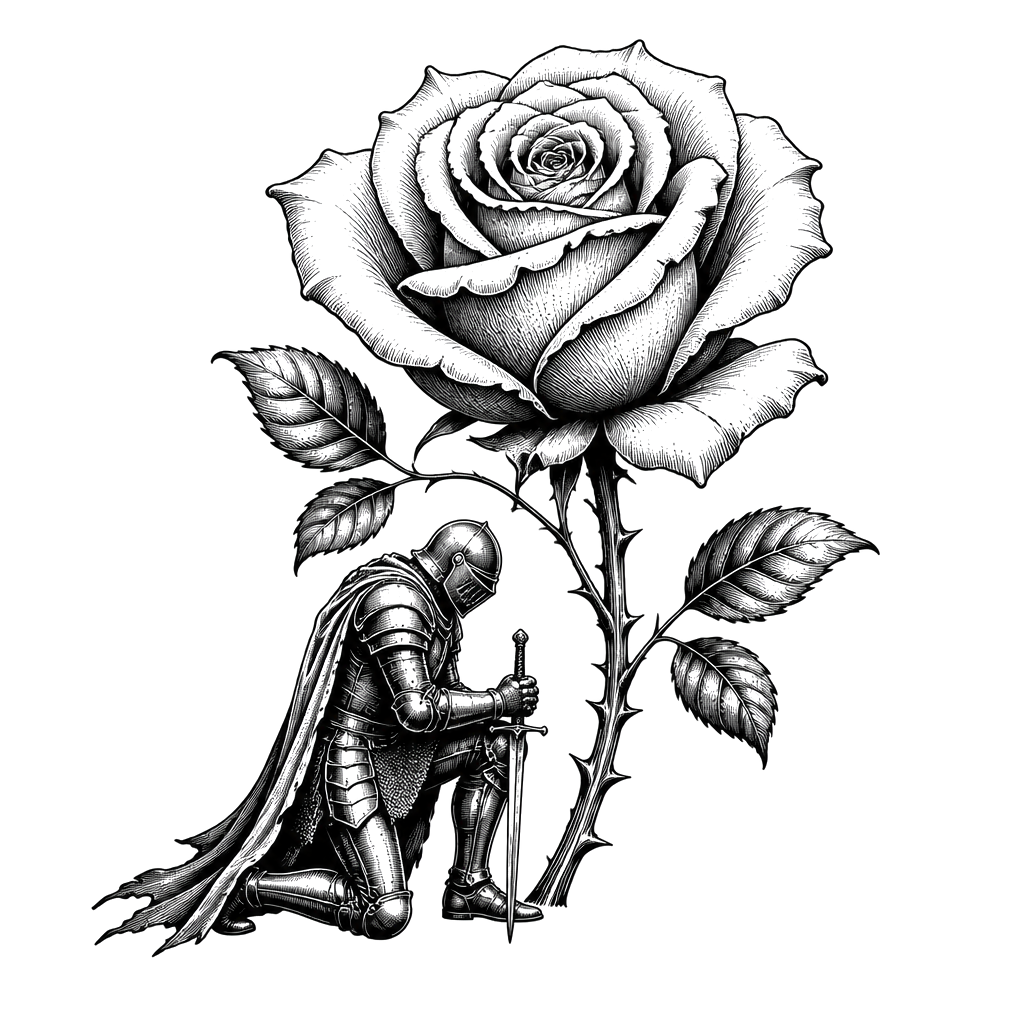 A knight kneeling before an enormous rose