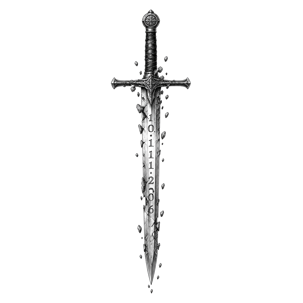 long sword with roman numerals in the middle of the blade with the date 10.11.2006. make the sword with small pieces loose