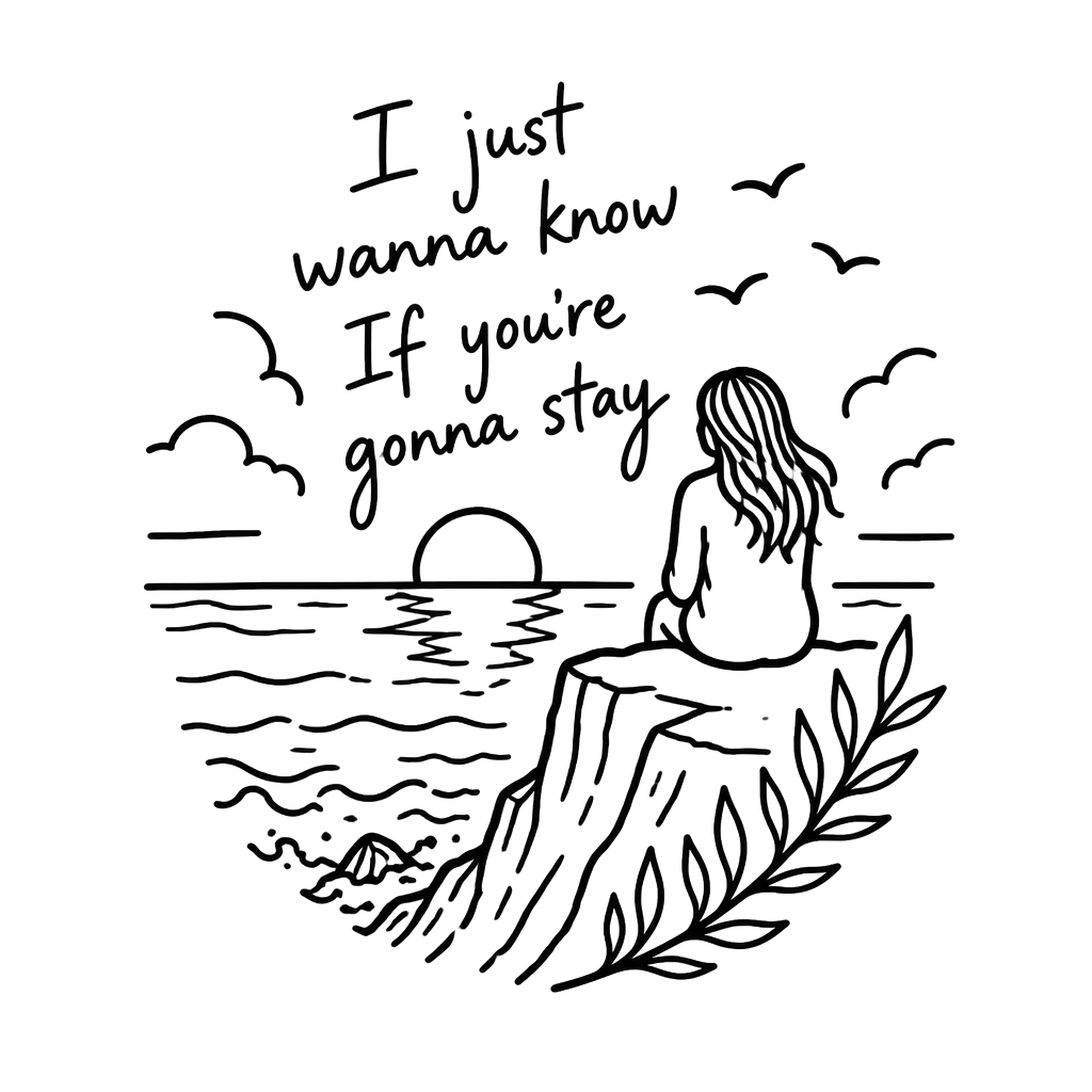 Make a tattoo stencil of the lyrics “ I just wanna know If you’re gonna stay” from the song riptide by Vance joy and make an image that represents the lyrics