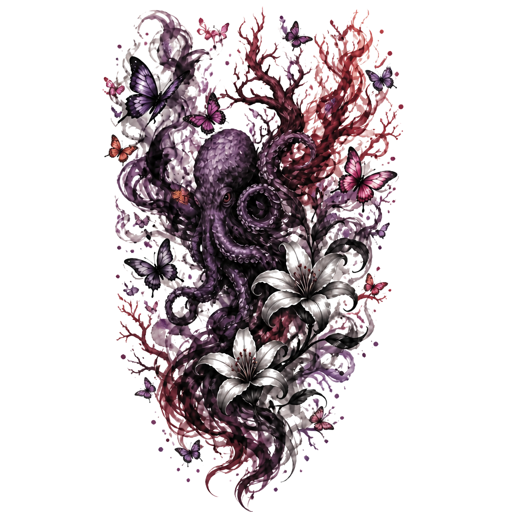 Dark elegant shoulder tattoo: add a large ink-smoke phoenix in black & smoky gray. Smoke-style butterflies + delicate smoky lilies/vines integrated throughout. Flowing organic wrap-around design on shoulder/upper arm. Mood: mysterious, powerful, shadowy, ethereal—dark vibes only, monochrome ink wash aesthetic.i like blue and red and purple idk