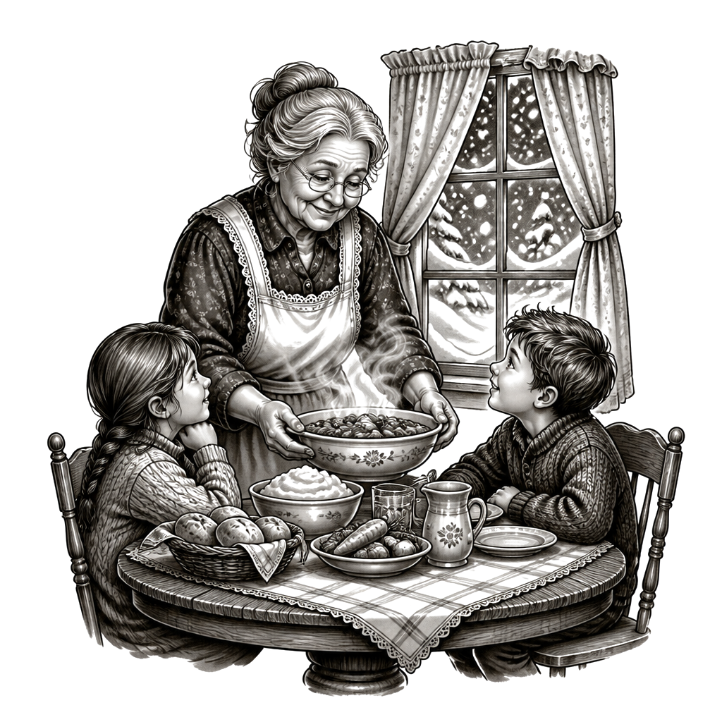 Grandmother serving a steaming homemade meal at a kitchen table, while fresh snow drifts past the window in soft, swirling flakes.