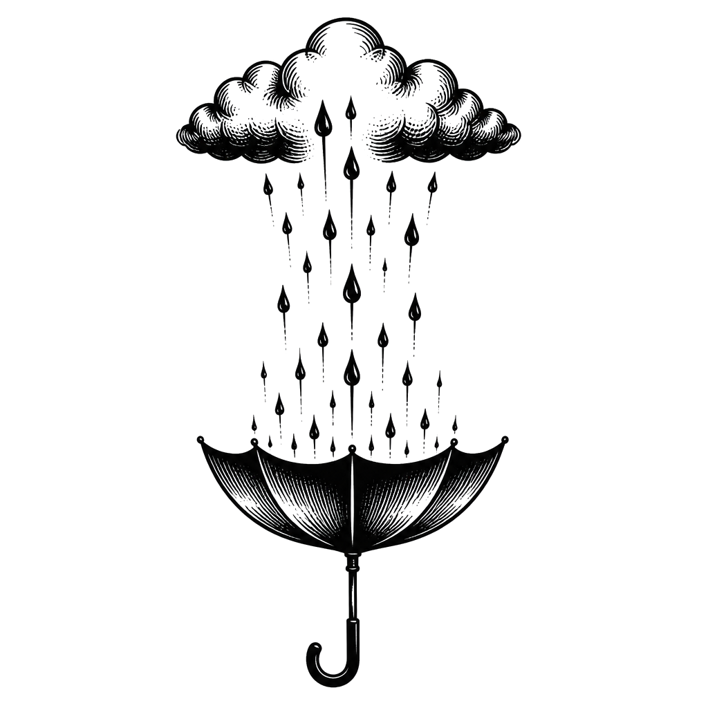 An umbrella raining upward into the clouds