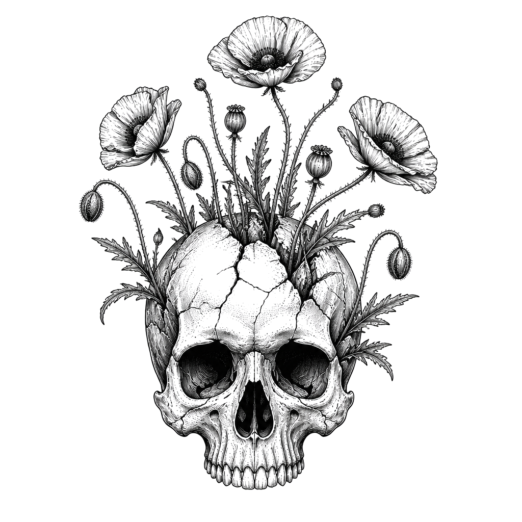 Wild poppies growing from a cracked skull
