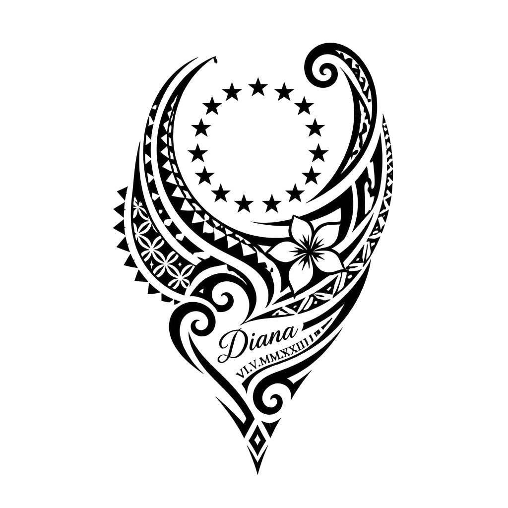 Add cook island patterns and Samoan patterns then the 15 stars in a circle plus the name : “Diana” and date “06.05.2023” in Roman numerals make name and date small