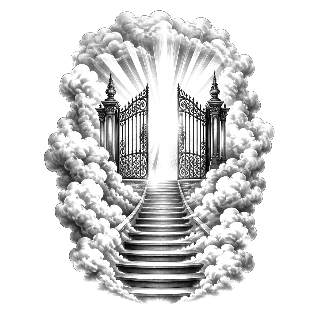 Stairway to heaven, ornate wrought iron gates of heaven, surrounded by fluffy clouds and sun rays bursting through, black and grey shading, tattoo design