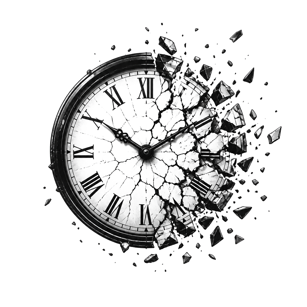 A clock with Roman numerals shattering apart