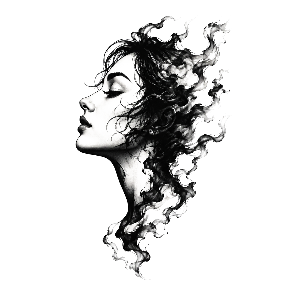 A woman's profile fraying into smoke at the edges
