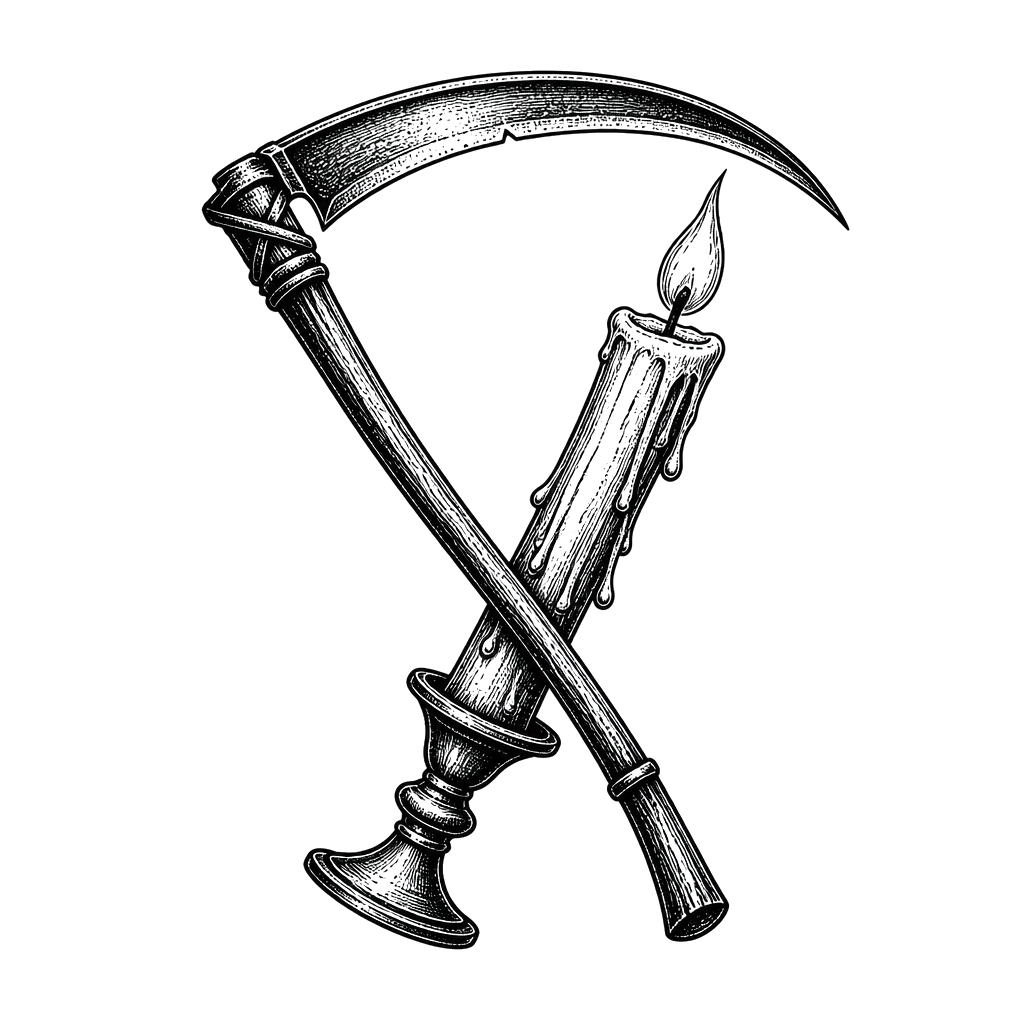 A reaper's scythe crossed with a lit candle