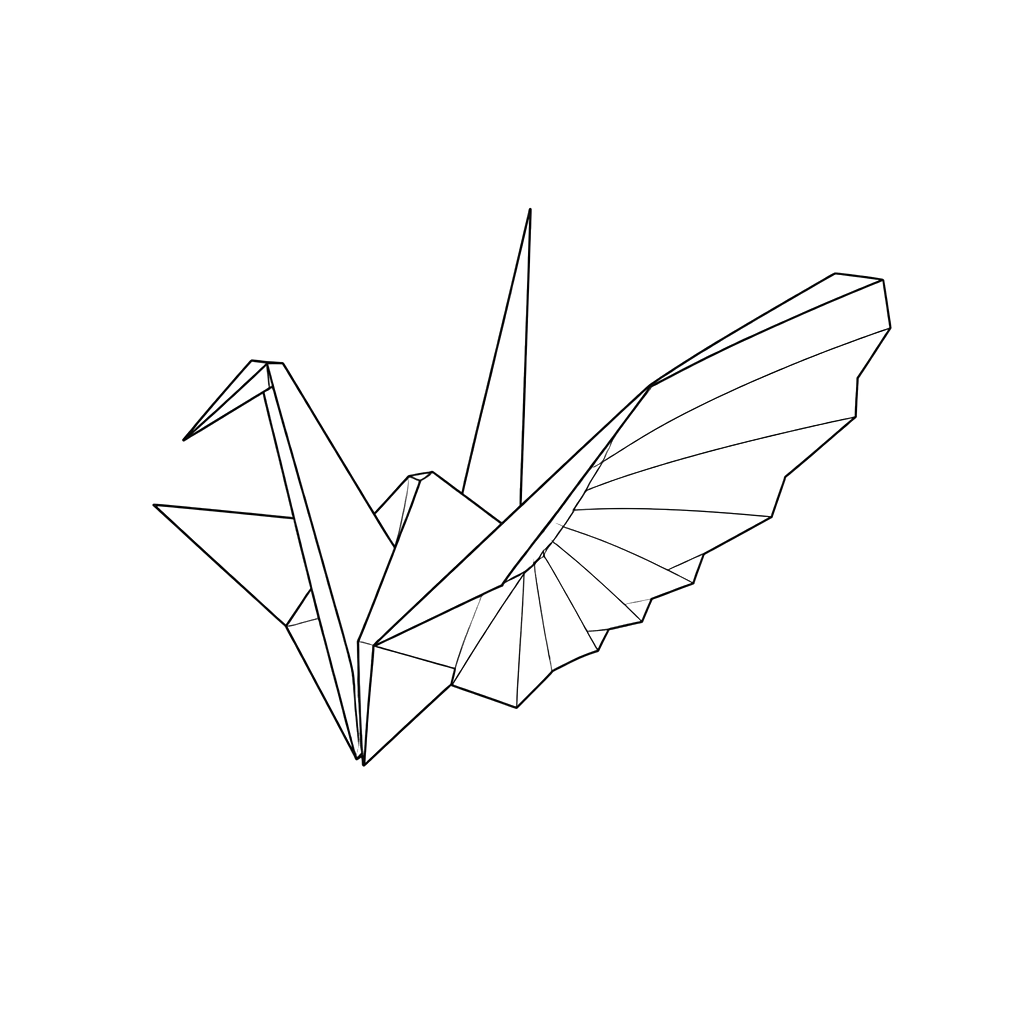 An origami crane with one wing unfolding