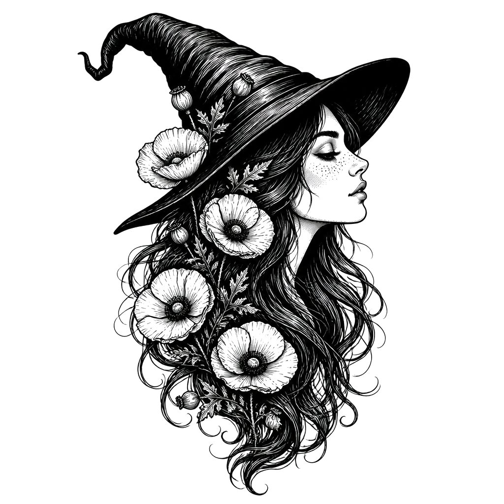 A witch in profile with poppies woven through her hair