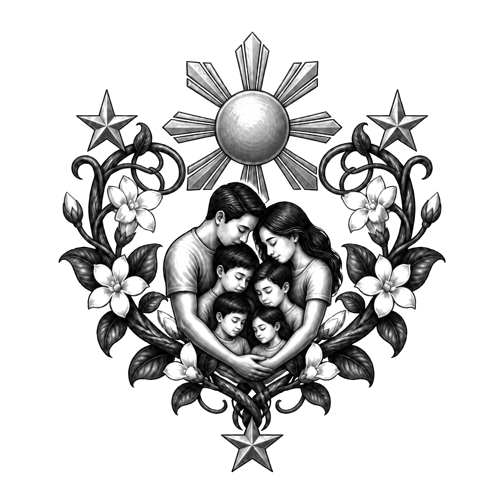 A Philippine sun and three stars encircle a family beneath a sampaguita vine, their interwoven stems forming a heart and a strong protective embrace.