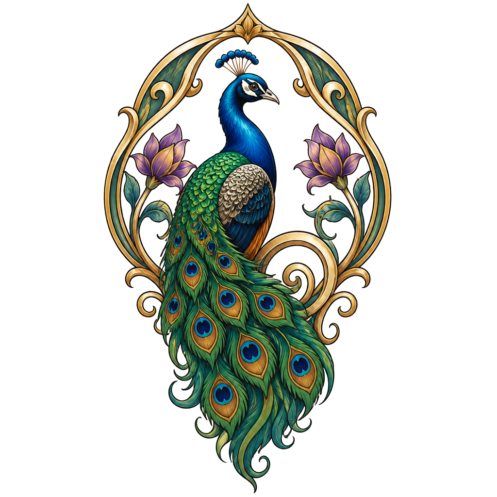 A peacock framed in a whiplash arch