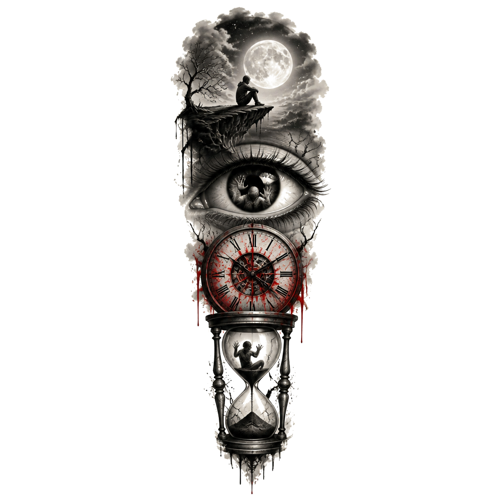 I want on the front an eye with a person in the pupil feeling trapped below that I want a time clock . With red ink on it and then a person stuck in a hour glass below that on the inner part at the top I wan drake lyrics below I wan a person siting looking at moon off a cliff