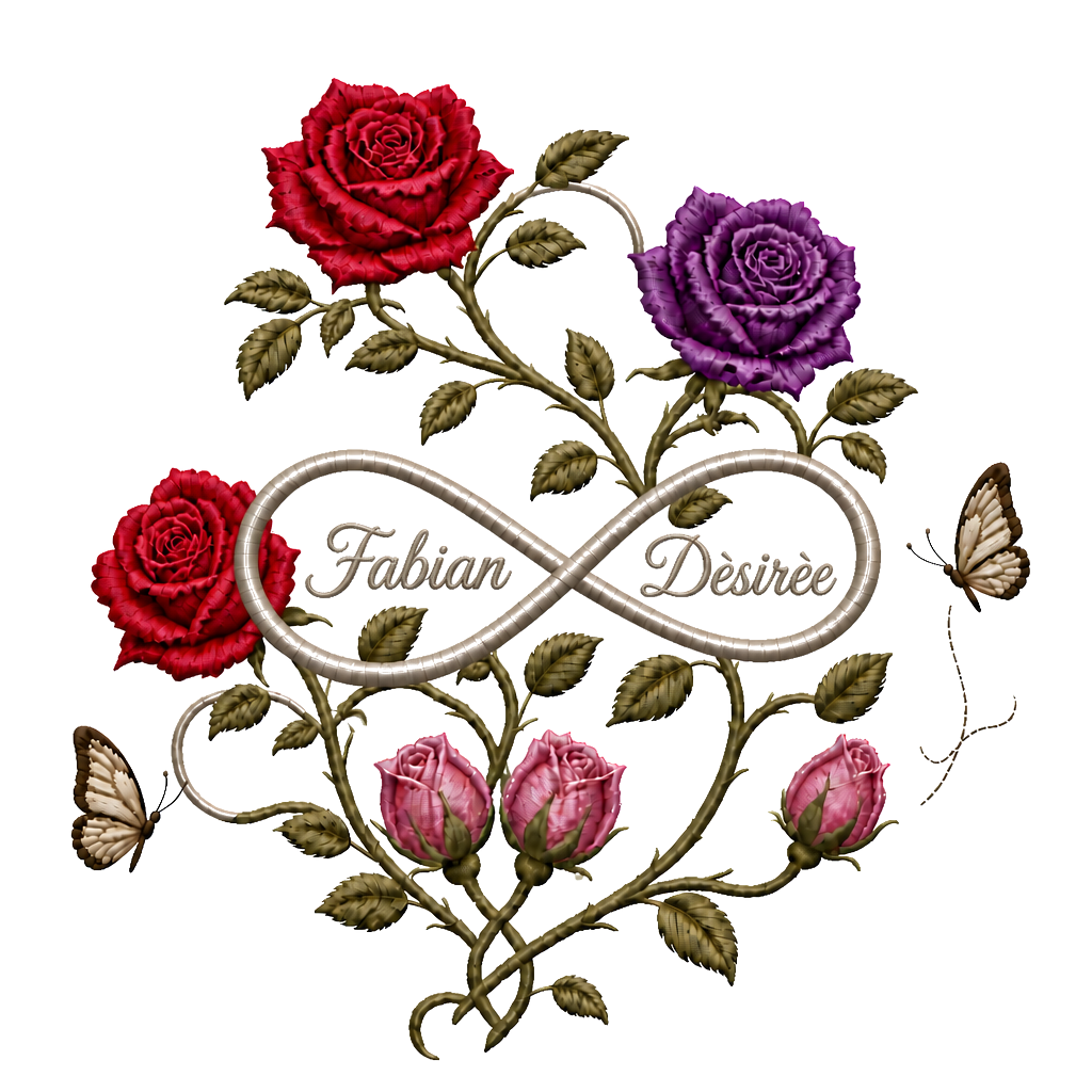 Buchstaben F und D ineinandergeschlungen. Mit 3 offenen Rosen (Bryan, Amy,Lucas) und 2 zusammenverbundene geschlossene Rosen ( (13.10.2011) mit 2 wegfliegenden Schmetterlingen sowie 1 geschlossene Rose (04.11.2010) mit 1 wegfliegenden Schmetterling. Es soll alles miteinander verbunden sein