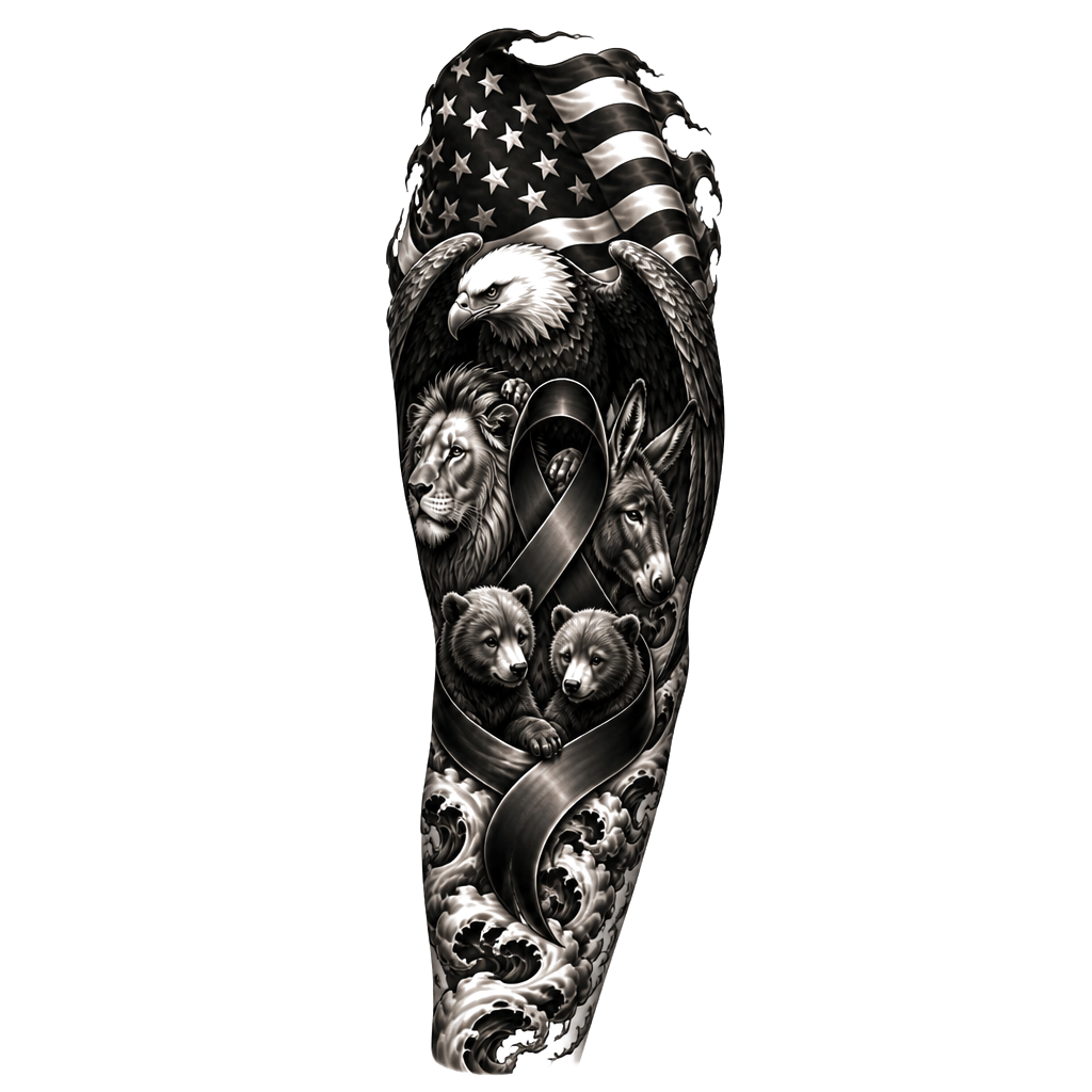 A black shaded cancer ribbon with an American flag a bald eagle, a lion ass and two grizzly Cubs under the protection of the bald eagle