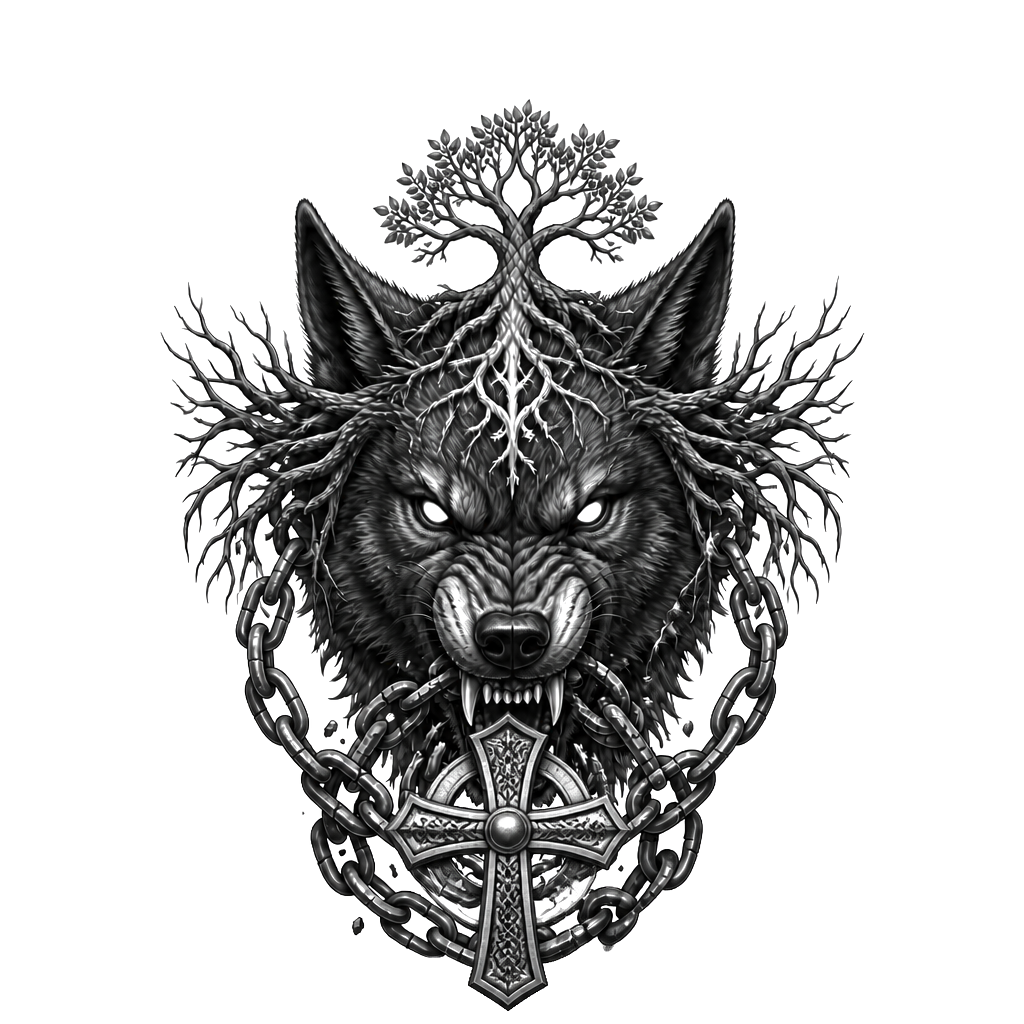 Fenrir’s snarling head centered on the forehead, Yggdrasil roots spreading toward the temples, broken chains flowing from its jaws and wrapping around the neck.