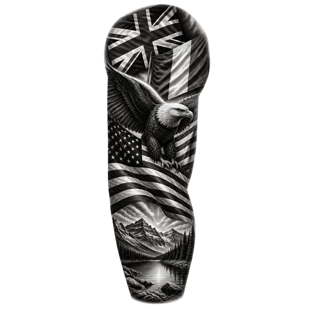 A three-quarter sleeve with mountains and a lake with an American bald eagle with an American flag around the bald eagle and on top a Britain flag and an Irish flag all black and