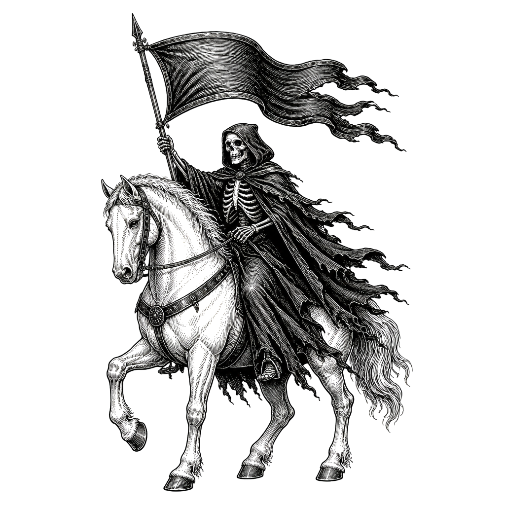 The Death tarot card riding a pale horse beneath a banner