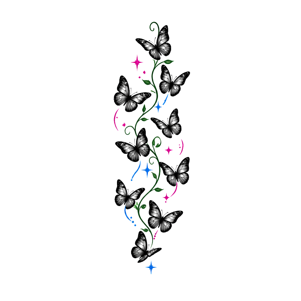 Draw me a tattoo with nine small butterflies, and five of them being pink and four of them being blue. These will need to go small because they are going on a females upper arm.