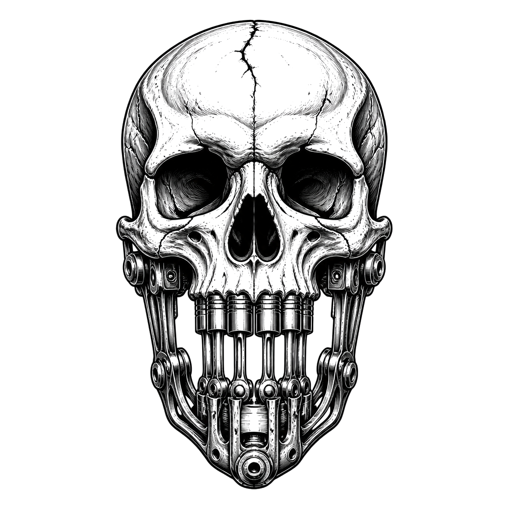 A skull with a mechanical piston jaw