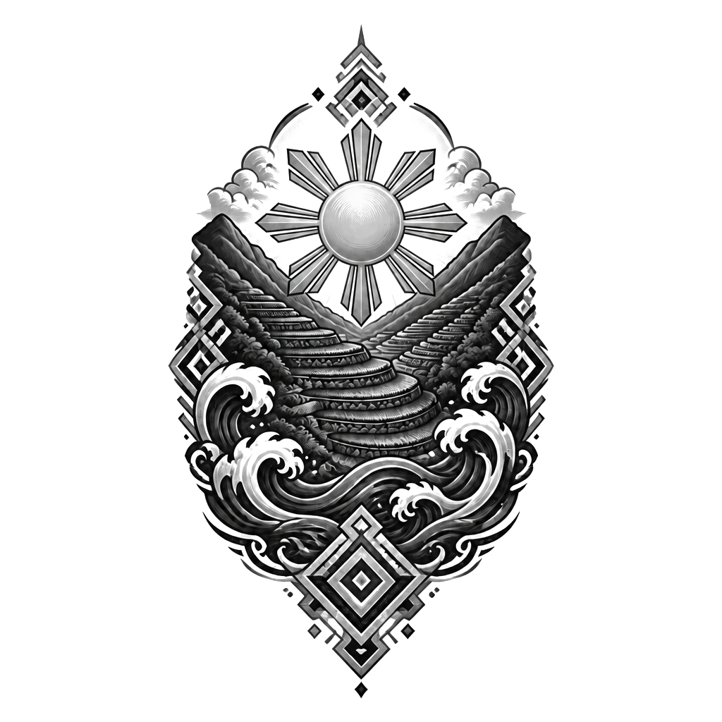 A Philippine sun framed by mountain terraces, flowing waves, and geometric ancestral motifs, balanced in a compact vertical composition.