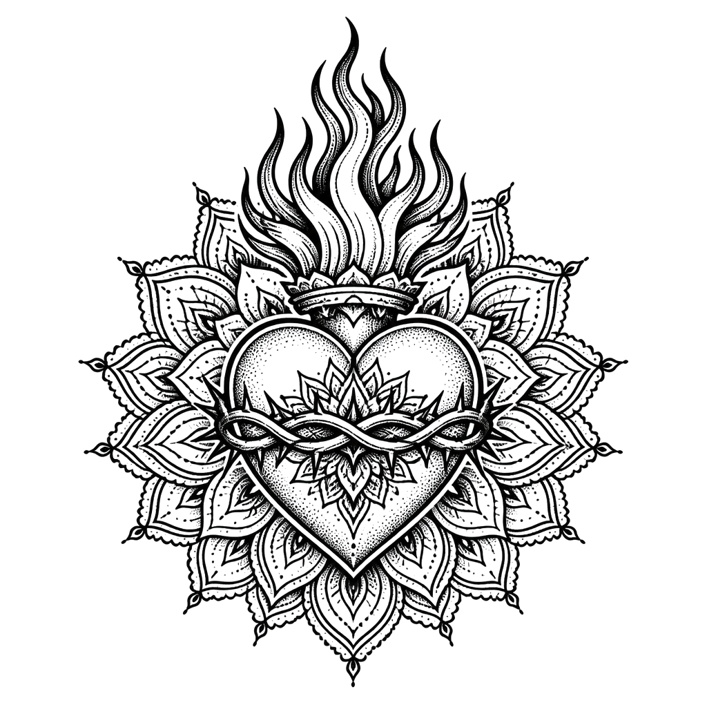 A sacred heart mandala with flames rising from the top