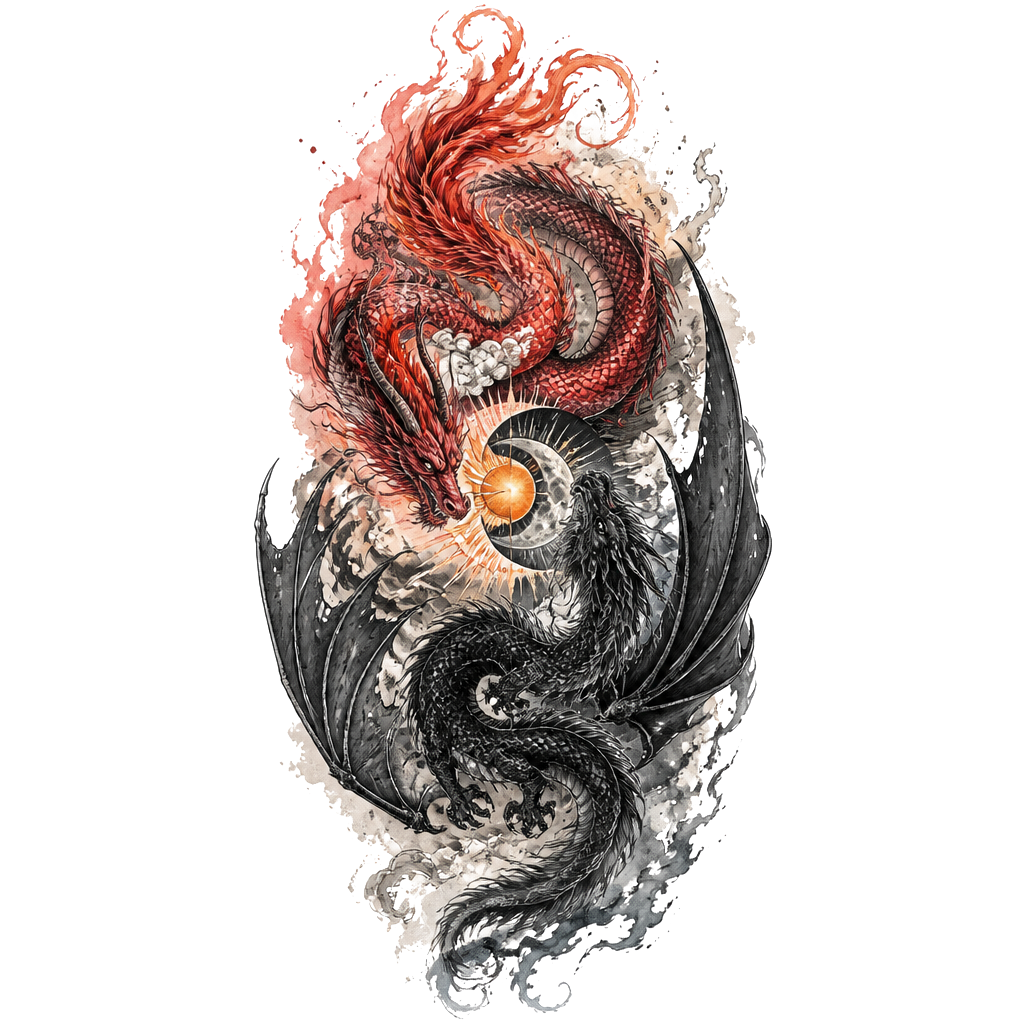 Un dragon rouge avec la queue en flamme et un dragon noir plus sombre avec des ailes. Il faut qu’il soit placé tous les deux à l’envers comme le ying et le yang et qu’ils s’entremêlent, avec au milieu des deux dragons une lune et un soleil. Je veux qu’il soit en long et que leurs têtes soit face à face. Je veux qu’il y est de la couleur sur les contours et des ombrages en couleur mais pas colorés entièrement. Le style que j’aimerais est japonais, réaliste, dotwork et sketch et un peu aquarelle s