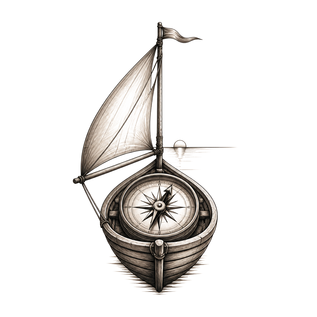 A small wooden sailboat cradling an open compass, its needle pointing toward a simple horizon line.