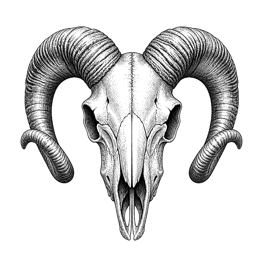 A ram skull in fine crosshatched relief