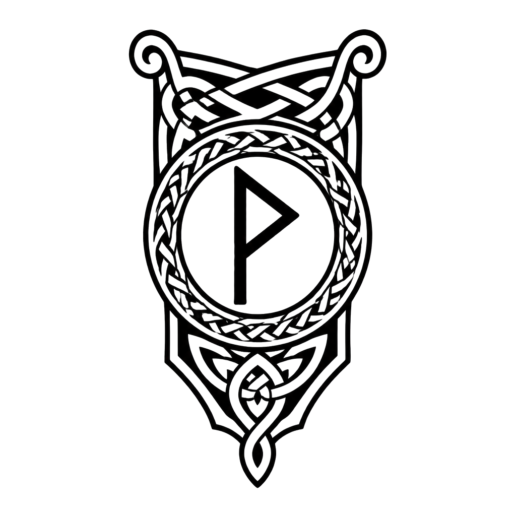 The Wunjo rune of joy inside a knotwork banner
