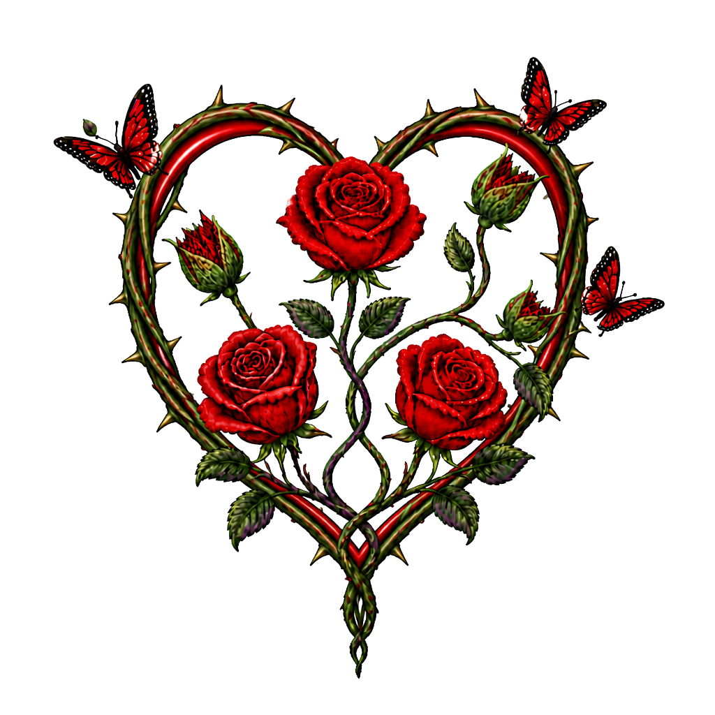 1 rote Rose, 1 geschlossene Rose wo ein Schmetterling entsteht,2 geschlossene Rosen an einen Strang wo aus den geschlossenen Rosen Schmetterlinge entstehen, 1 lila Rose und 1 rote Rose. Alles zusammen mit den Namen Fabian und Dèsirèe verbunden